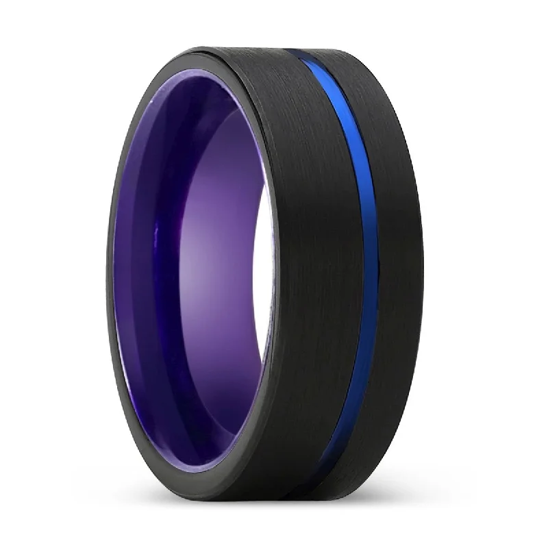 personalized rings for women-REGAL | Purple Ring, Black Tungsten Ring, Blue Offset Groove, Flat