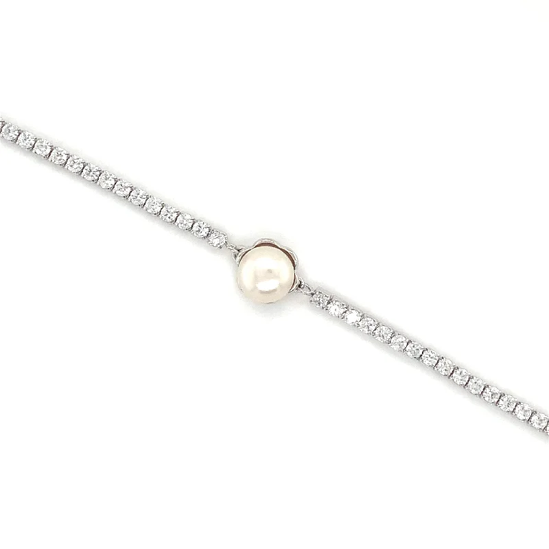 custom bangles for women-Sterling Silver Tennis Bracelet with Pearl Centre