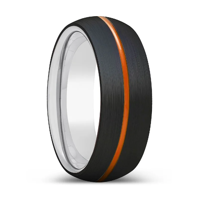 vintage gold rings for women-GLADIATORUS | Silver Ring, Black Tungsten Ring, Orange Groove, Domed