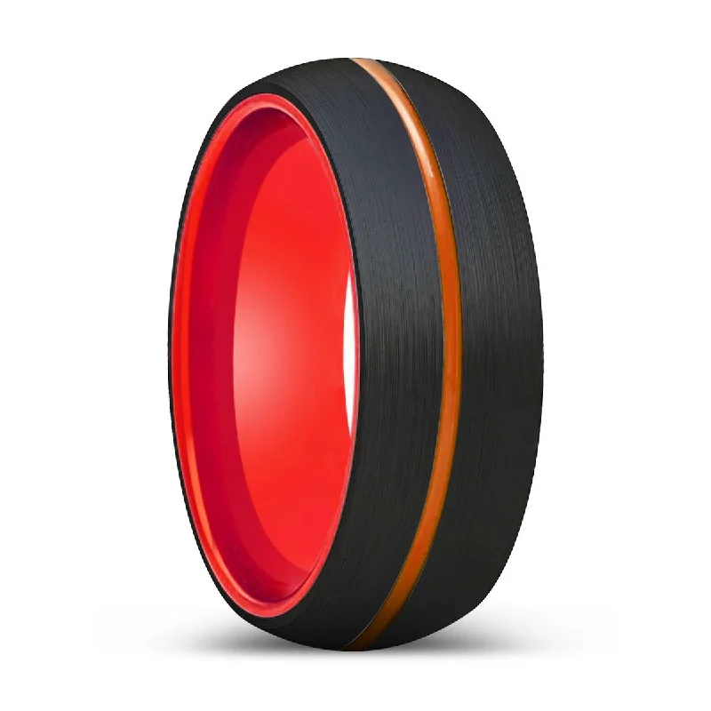 band rings for women-ENFORCER | Red Ring, Black Tungsten Ring, Orange Groove, Domed