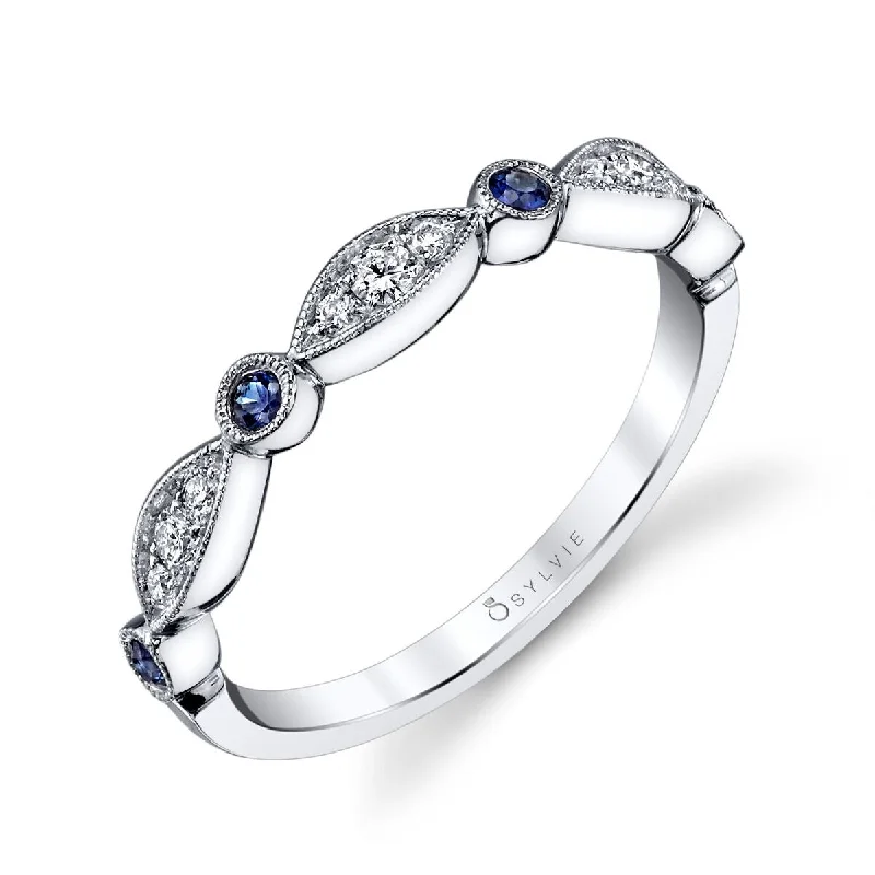 solitaire engagement rings-Sylvie 14K White Gold .23ctw Sapphire and Diamond Vintage Style Band (96860)