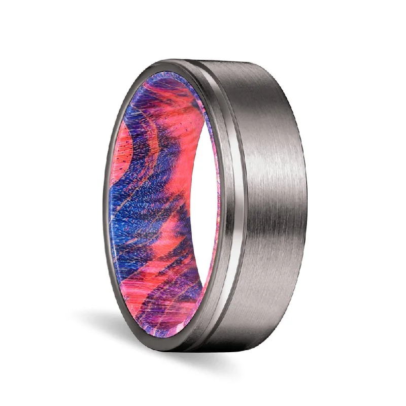 classic rings for women-BRIDGES | Blue and Red Wood, Gunmetal Tungsten Offset Groove