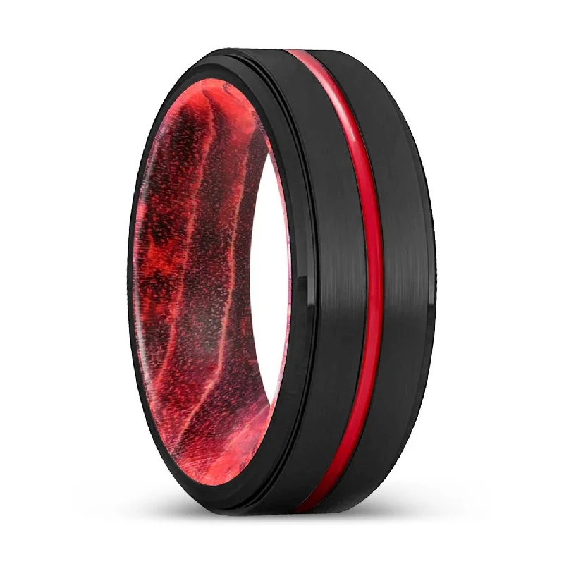 cocktail rings for women-MELLOW | Black & Red Wood, Black Tungsten Ring, Red Groove, Stepped Edge