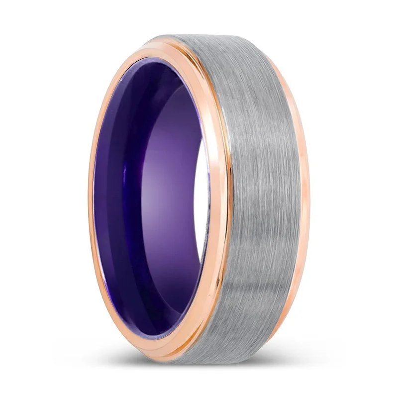 custom-made wedding rings for women-CHIPPER | Purple Ring, Silver Tungsten Ring, Brushed, Rose Gold Stepped Edge