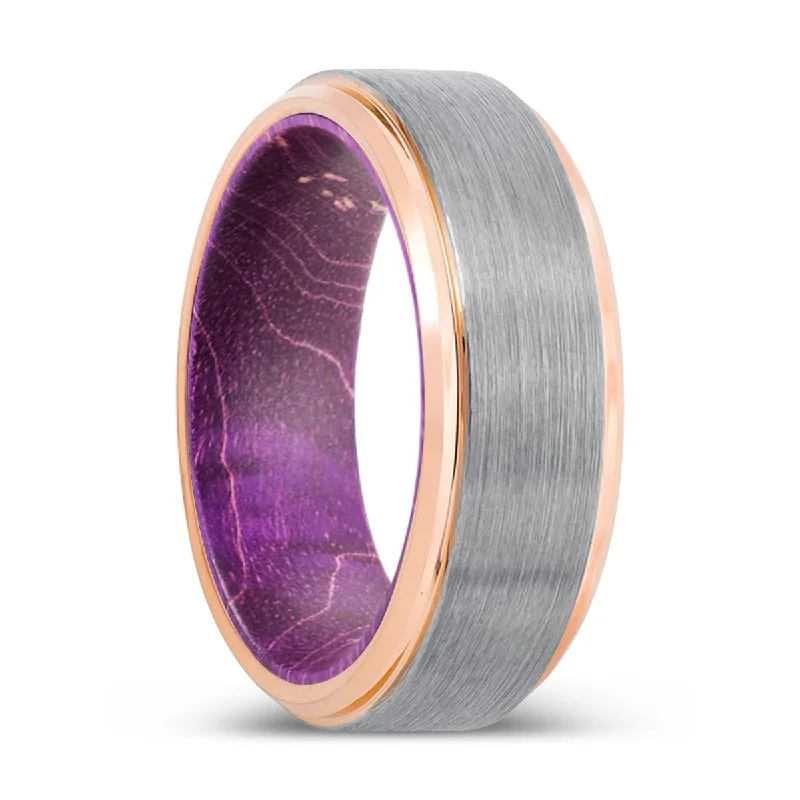 trendy rings for women-DAVER | Purple Wood, Silver Tungsten Ring, Brushed, Rose Gold Stepped Edge