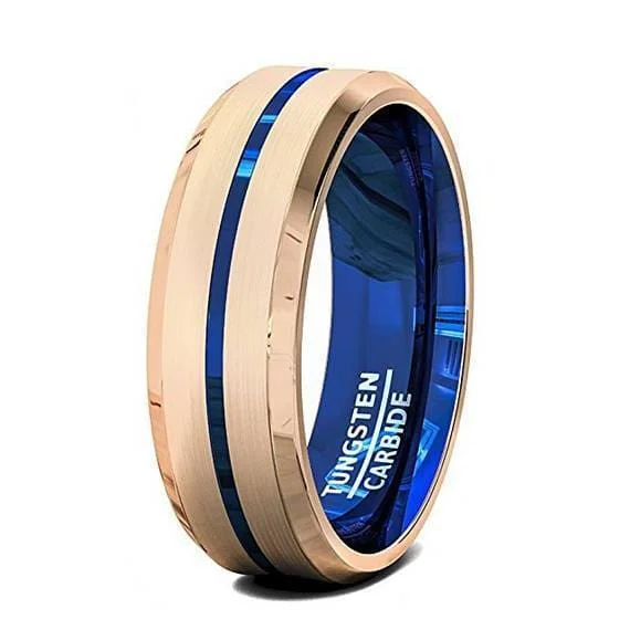 luxury diamond rings for women-Mens Blue Grooved Tungsten Ring with Rose Gold Inlay Beveled Edges- 6mm & 8 mm