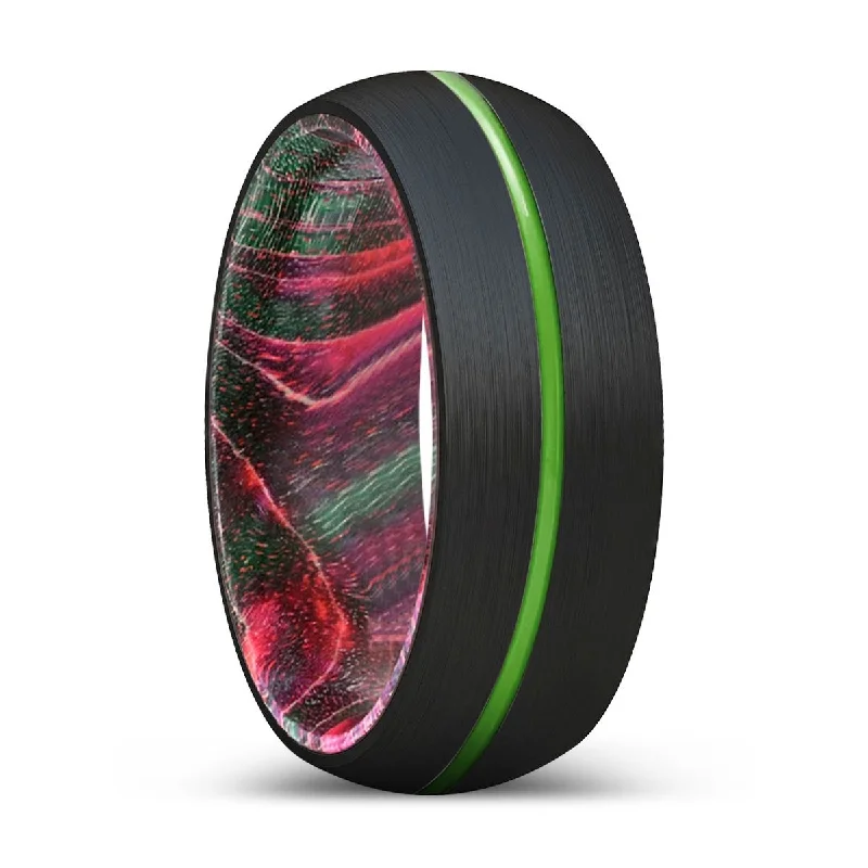 heart-shaped rings for women-ROMULUS | Green & Red Wood, Black Tungsten Ring, Green Groove, Domed