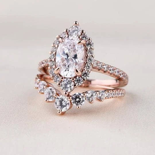 eternity engagement rings-Rose Gold Unique Design Halo Oval Cut Wedding Set