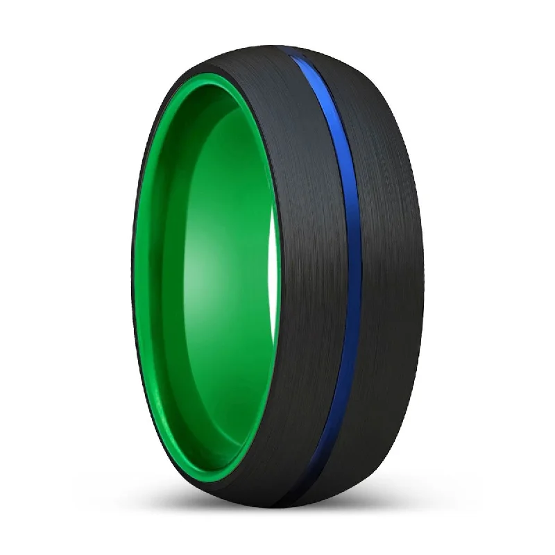 handcrafted wedding rings for women-ARMINIO | Green Ring, Black Tungsten Ring, Blue Groove, Domed