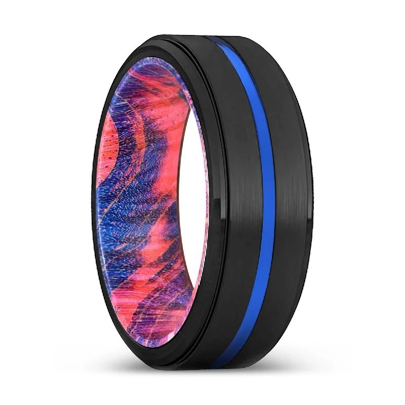 diamond wedding bands for women-OBLIVION | Blue & Red Wood, Black Tungsten Ring, Blue Groove, Stepped Edge