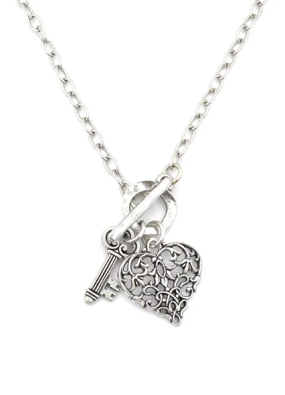 wedding necklaces for women-Antique Heart and Key Toggle Necklace