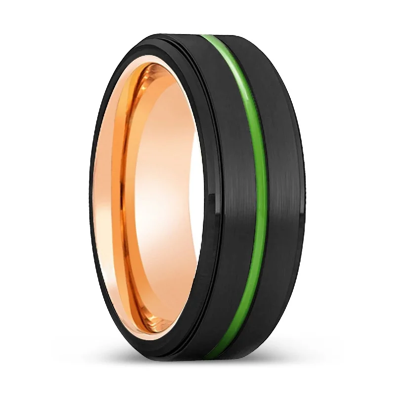 beautiful sapphire rings for women-MCALLEN | Rose Gold Ring, Black Tungsten Ring, Green Groove, Stepped Edge