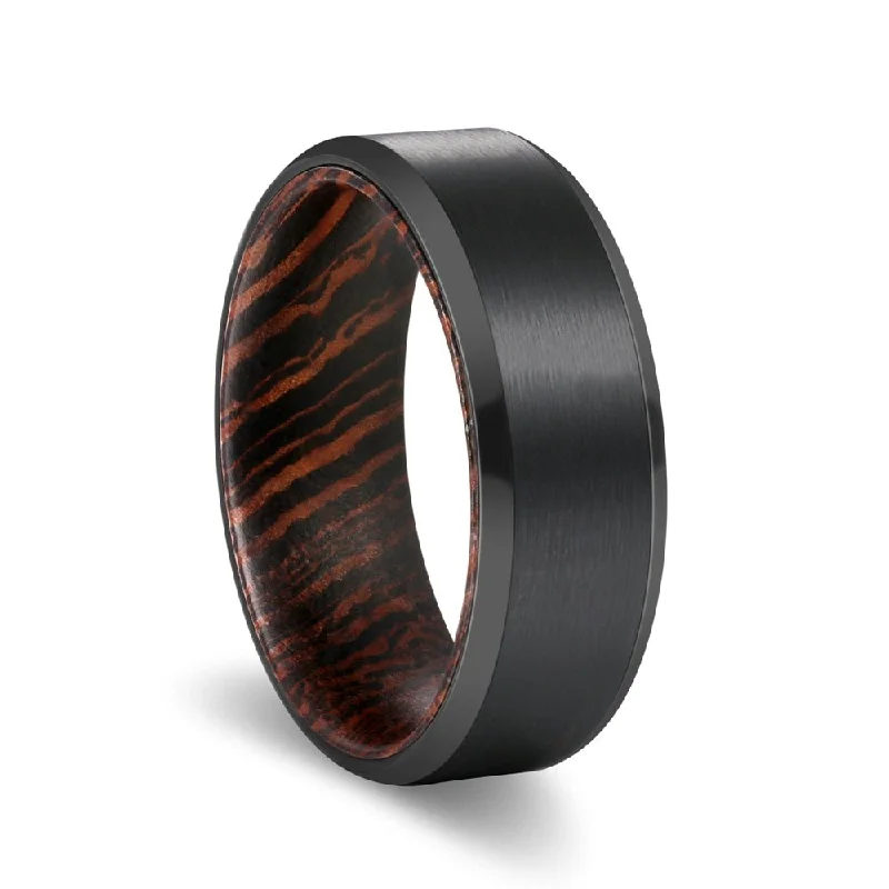 romantic promise rings for women-BRAVELY | Wenge Wood, Black Tungsten Ring, Brushed, Beveled