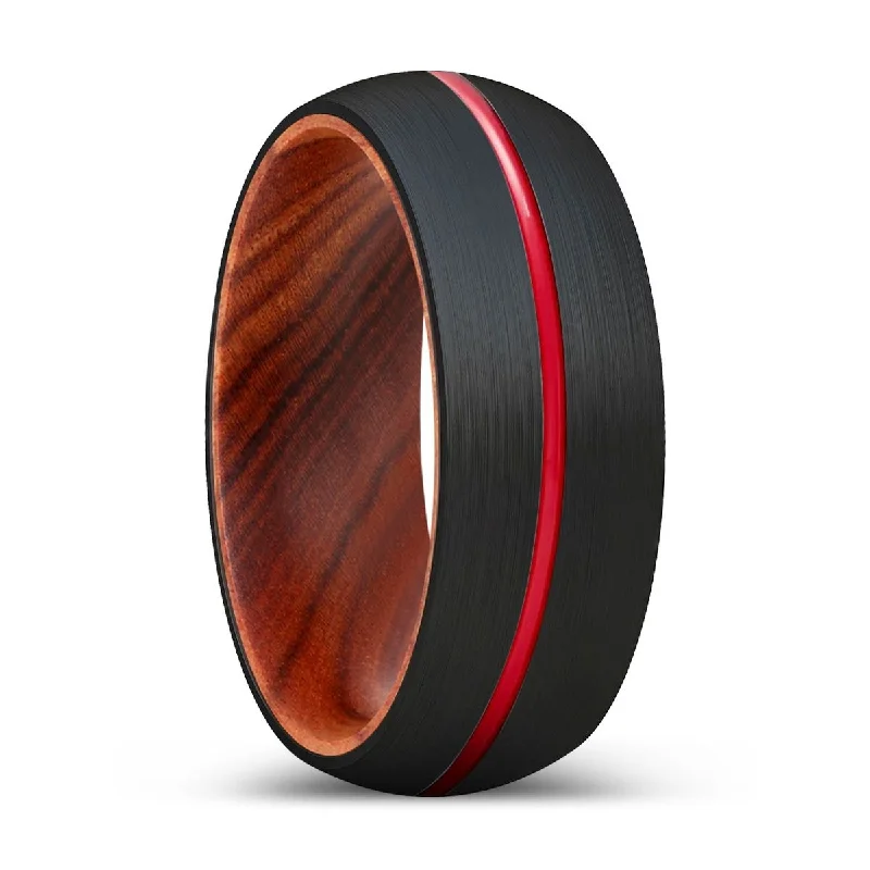 unique engagement rings for women-MONGREL | IRON Wood, Black Tungsten Ring, Red Groove, Domed