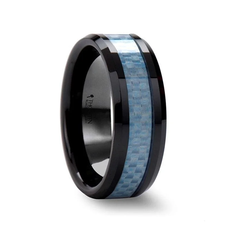 birthstone wedding rings for women-ADINO Men's Beveled Blue Carbon Fiber Inlaid Black Ceramic Wedding Band - 8mm