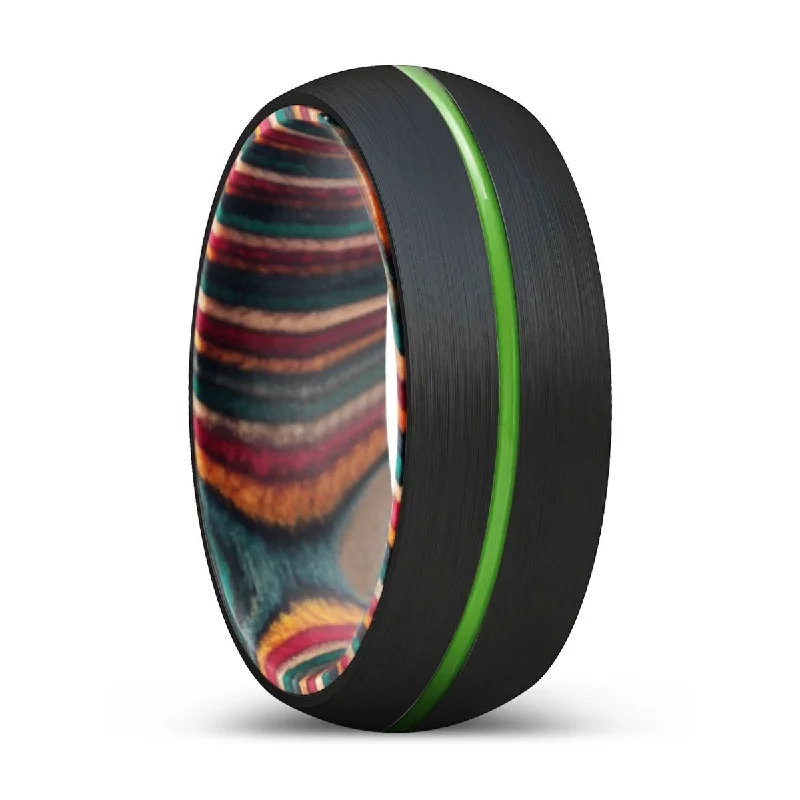 cocktail rings for women-KOMODO | Multi Color Wood, Black Tungsten Ring, Green Groove, Domed