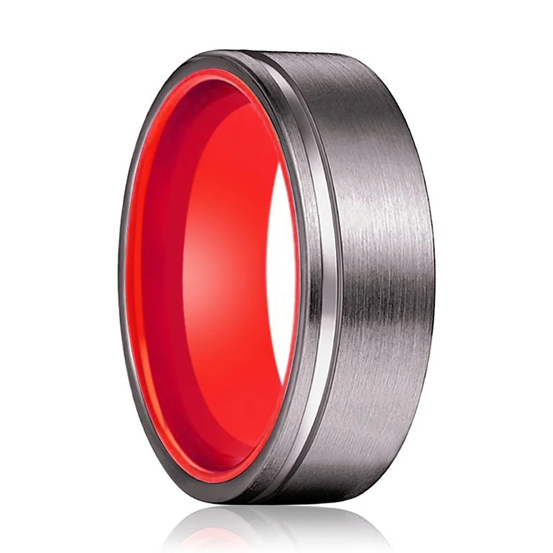 wedding rings for brides-LYCHEE | Red Ring, Gunmetal Tungsten Ring, Offset Groove, Flat