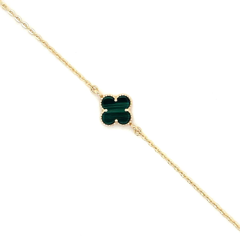 thin bangles for women-9ct Yellow Gold Malachite Clover Bracelet