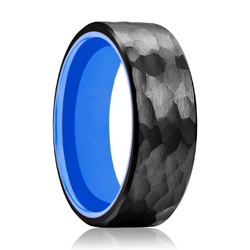 birthstone engagement rings for women-BLUEDEVIL | Blue Ring, Black Tungsten Ring, Hammered, Flat