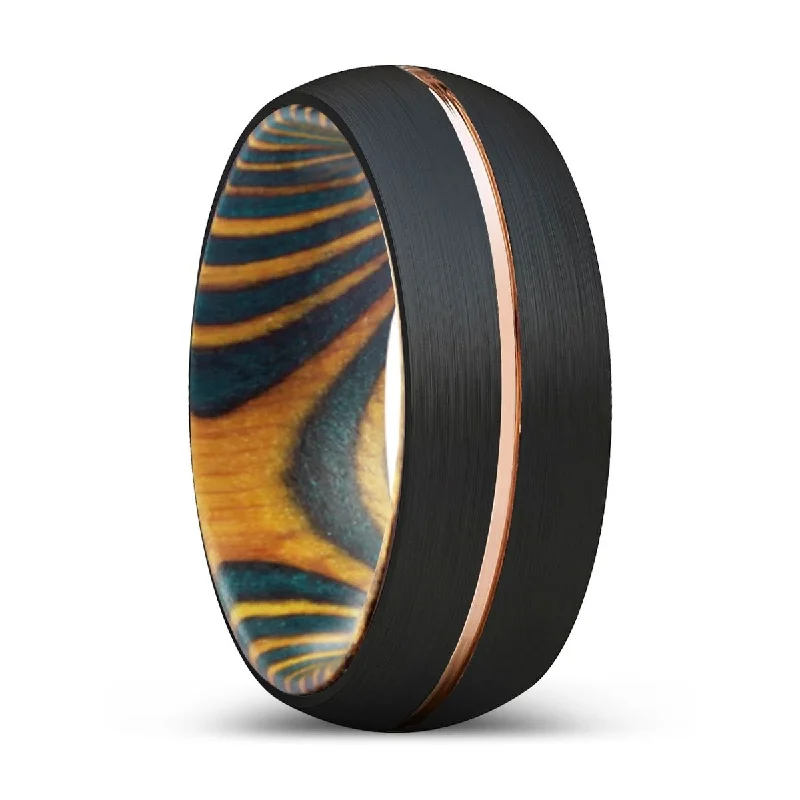 statement gemstone rings for women-HERMEN | Green & Yellow Wood, Black Tungsten Ring, Rose Gold Groove, Domed