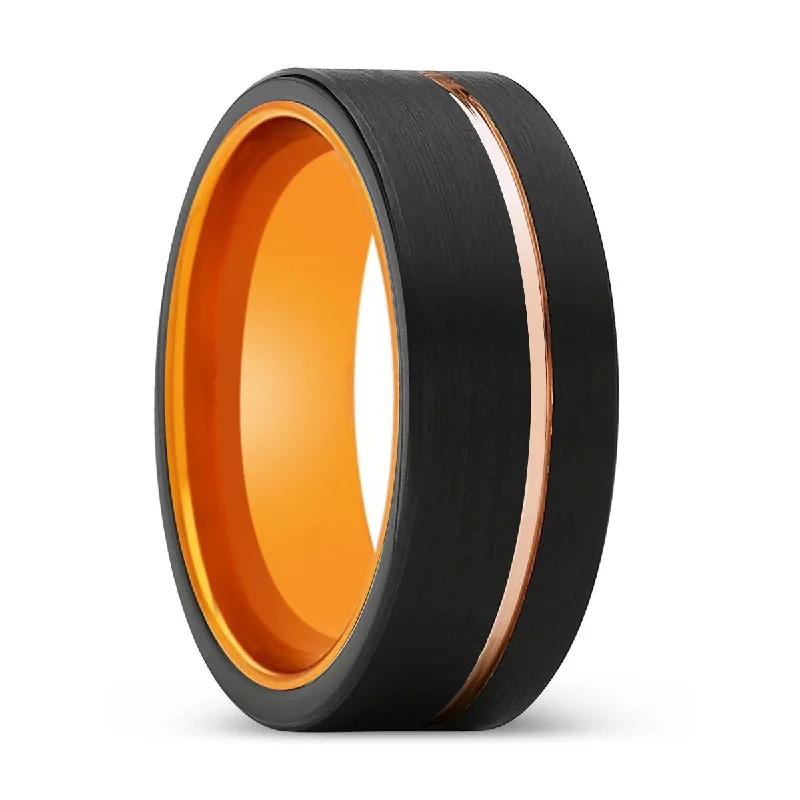 birthstone rings for women-ULTRON | Orange Ring, Black Tungsten Ring, Rose Gold Offset Groove, Brushed, Flat