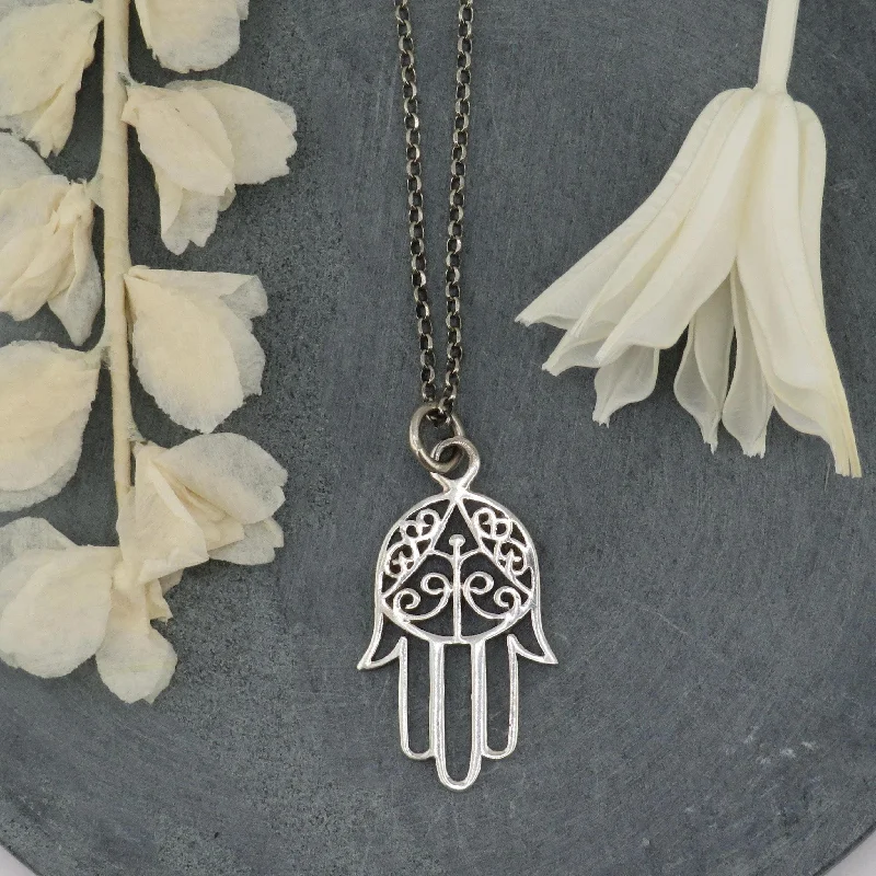 beaded pendant necklaces for women-Detailed Open Hamsa Necklace