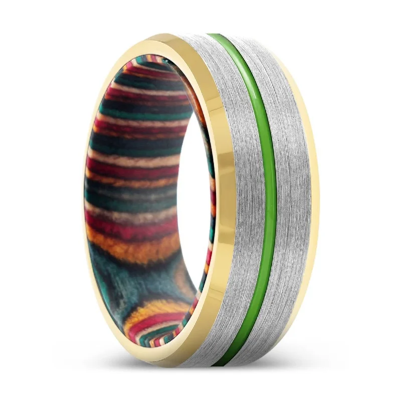 heart rings for women-KAZAM | Multi Color Box Wood, Silver Tungsten Ring, Green Groove, Gold Beveled Edge