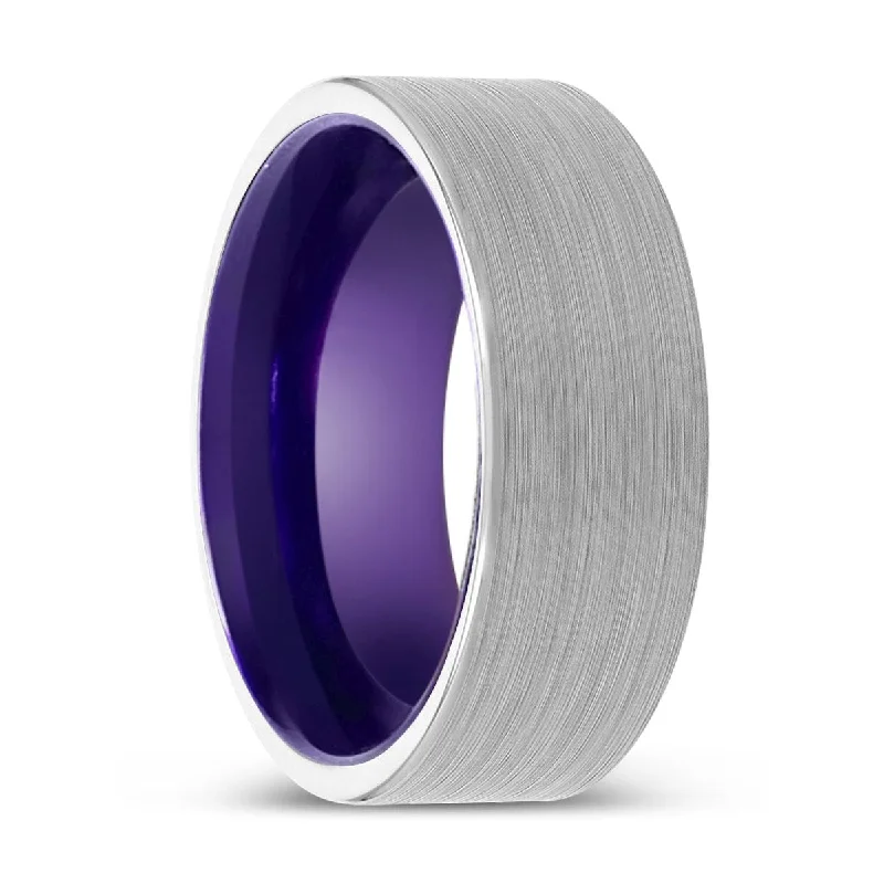 gemstone wedding rings for women-MARVINA | Purple Ring, White Tungsten Ring, Brushed, Flat