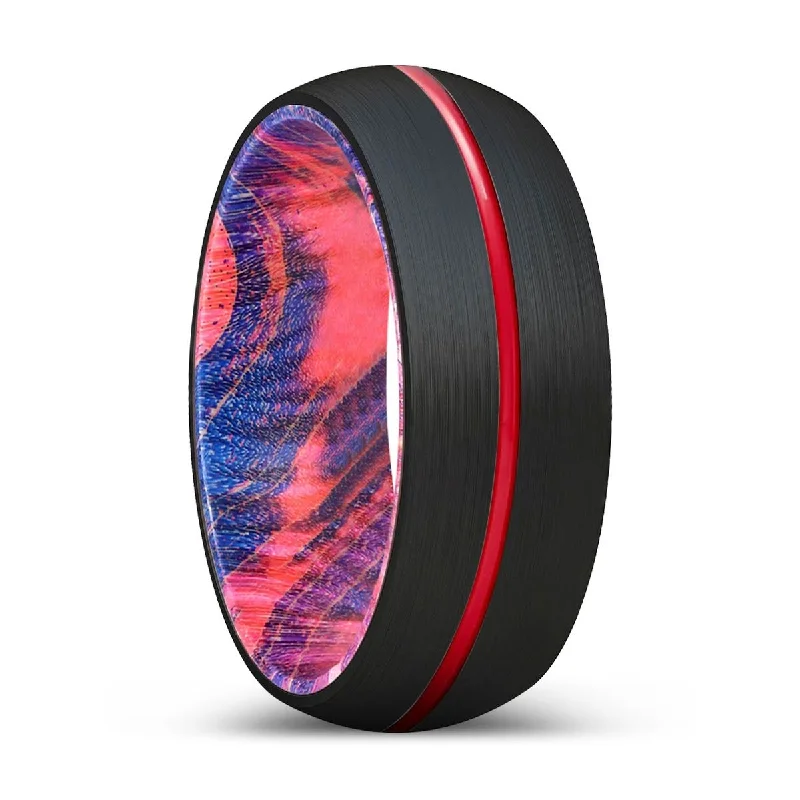 colorful rings for women-JAX | Blue & Red Wood, Black Tungsten Ring, Red Groove, Domed