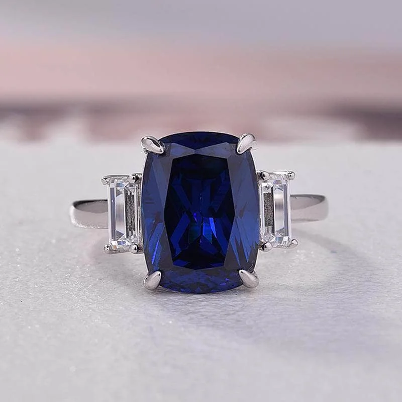 luxury engagement rings for brides-Gorgeous Blue Sapphire Cushion Cut Three Stone Engagement Ring