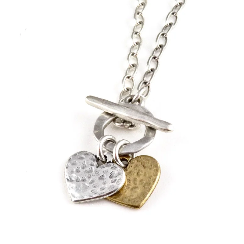 modern gold necklaces for women-Mixed Metal Flat Hearts Duo Necklace