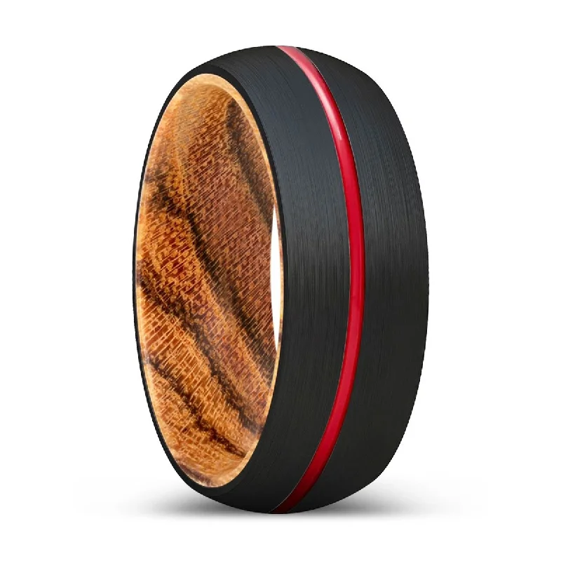 statement wedding rings for women-MUTANT | Bocote Wood, Black Tungsten Ring, Red Groove, Domed