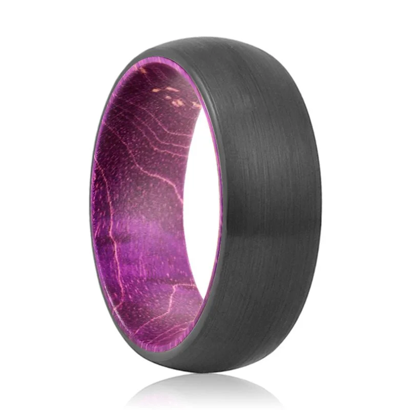 custom-designed rings for women-JAMANI | Purple Wood, Black Tungsten Ring, Brushed, Domed