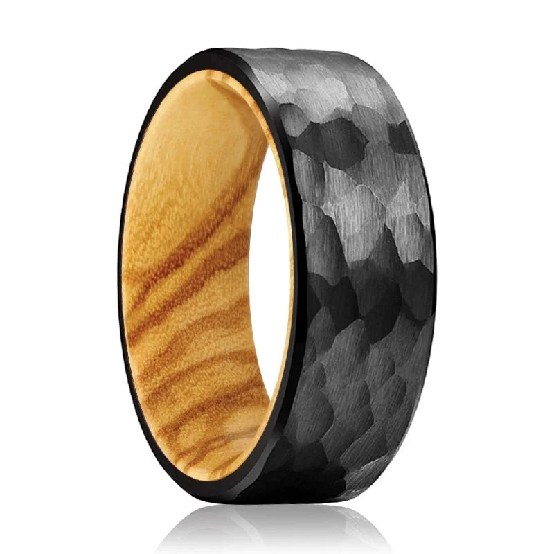 wedding bands for women-CLEVER | Olive Wood, Black Tungsten Ring, Hammered, Flat