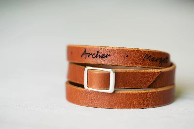 statement bracelets and bangles for women-Leather Bracelet For Women | English Tan + Sterling Silver | Personalized Engraved Handmade Jewelry Boho Style | Mens Bracelet