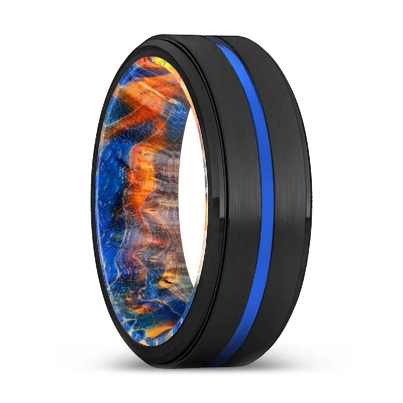 art deco rings for women-VICIOUS | Blue & Yellow/Orange Wood, Black Tungsten Ring, Blue Groove, Stepped Edge