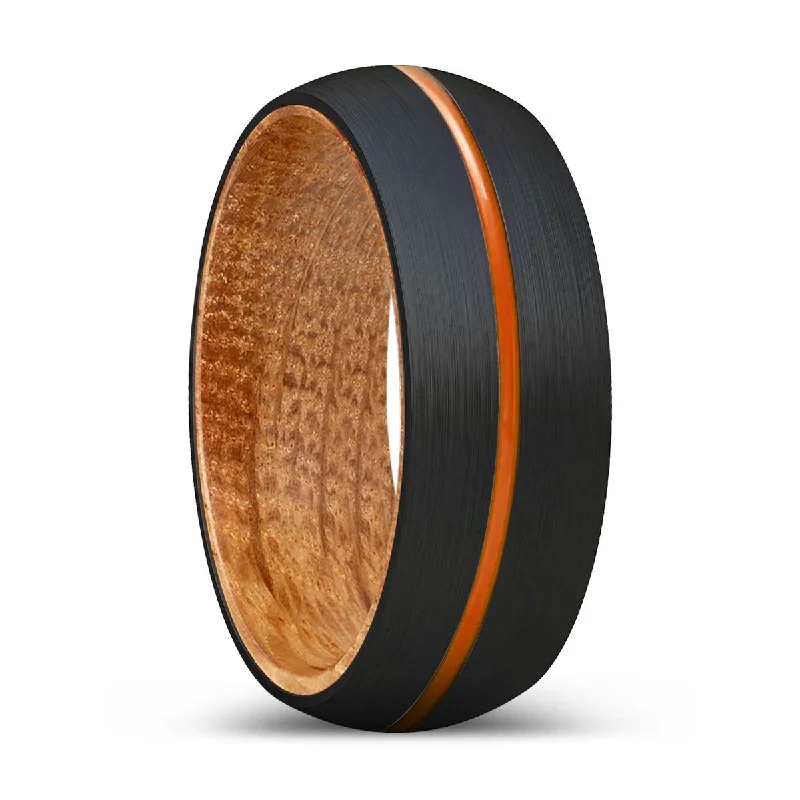 vintage wedding rings for women-WINDROSE | Whiskey Barrel Wood, Black Tungsten Ring, Orange Groove, Domed