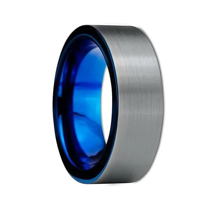 trendy rings for women-Nolan Men's Pipe Cut Tungsten Carbide Wedding Band With Blue Inside - 8 mm