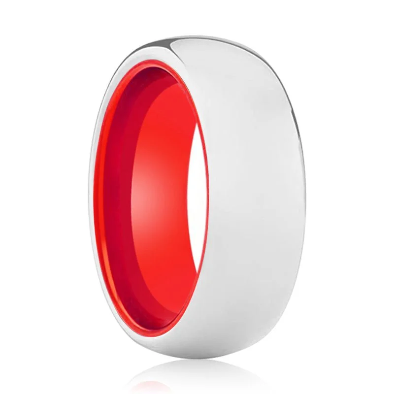 bridal rings for women-POPPY | Red Ring, Silver Tungsten Ring, Shiny, Domed