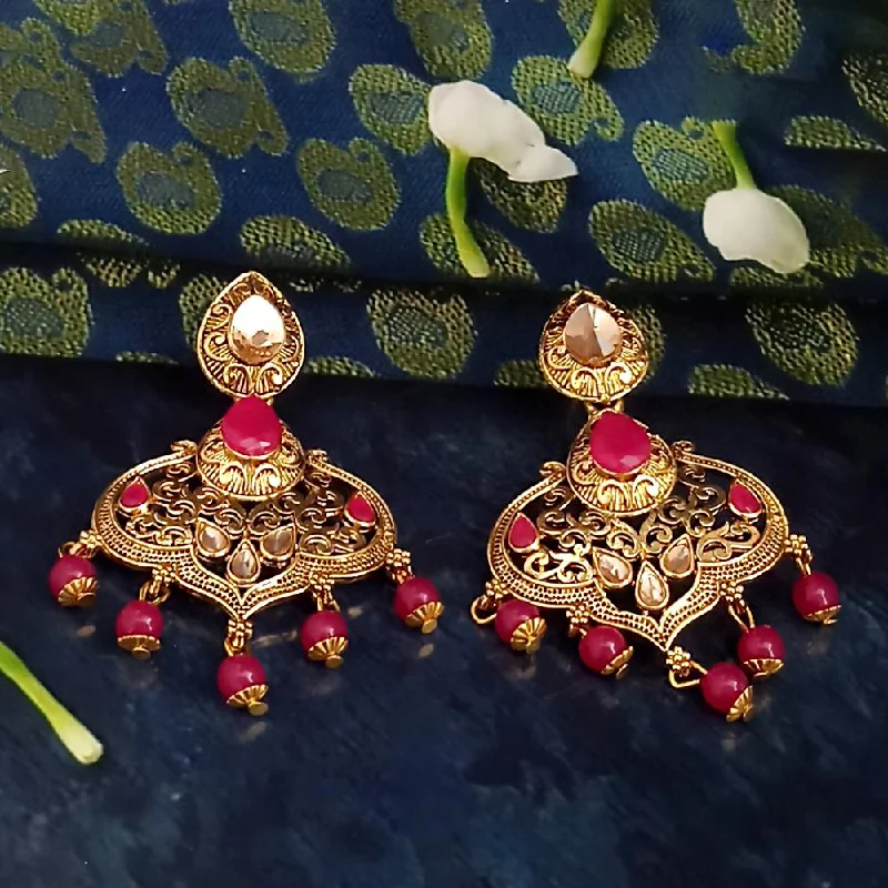 luxury earrings for women-JD Arts Antique Gold Plated Kundan Pink Beads Dangler Earrings - 1317625D