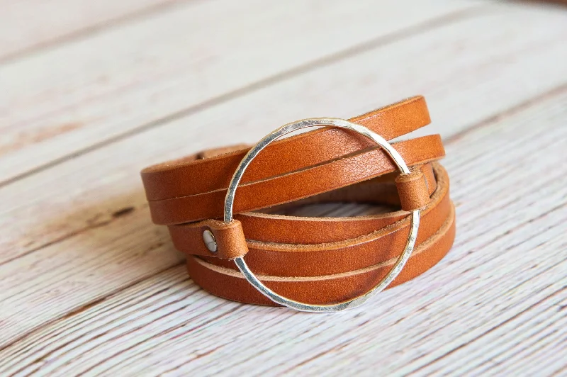 boho chic bangles for women-Leather Bracelet Wrap - Sterling Silver Hammered Hoop - Handmade Gift - Full Grain Leather