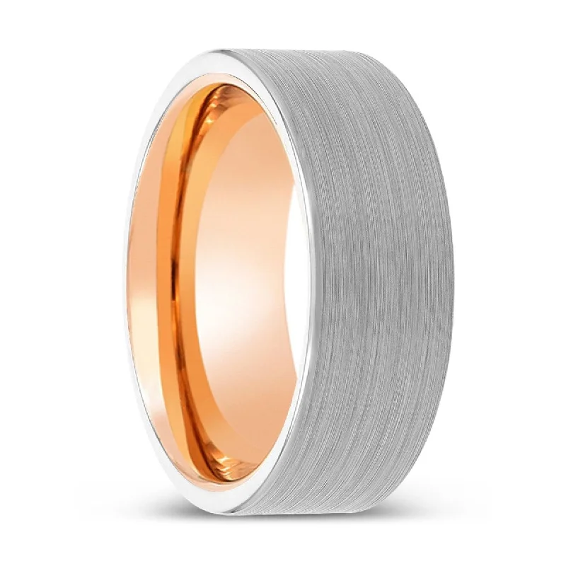 gemstone wedding rings for women-CORBAN | Rose Gold Ring, White Tungsten Ring, Brushed, Flat