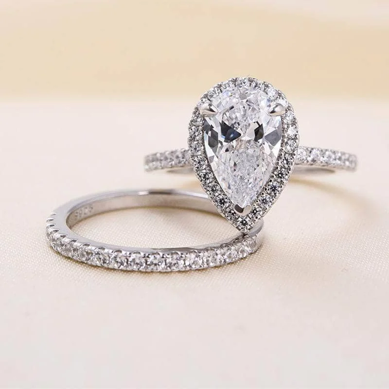 vintage rose gold engagement rings-Halo Pear Cut White Sapphire Wedding Ring Set In White Gold