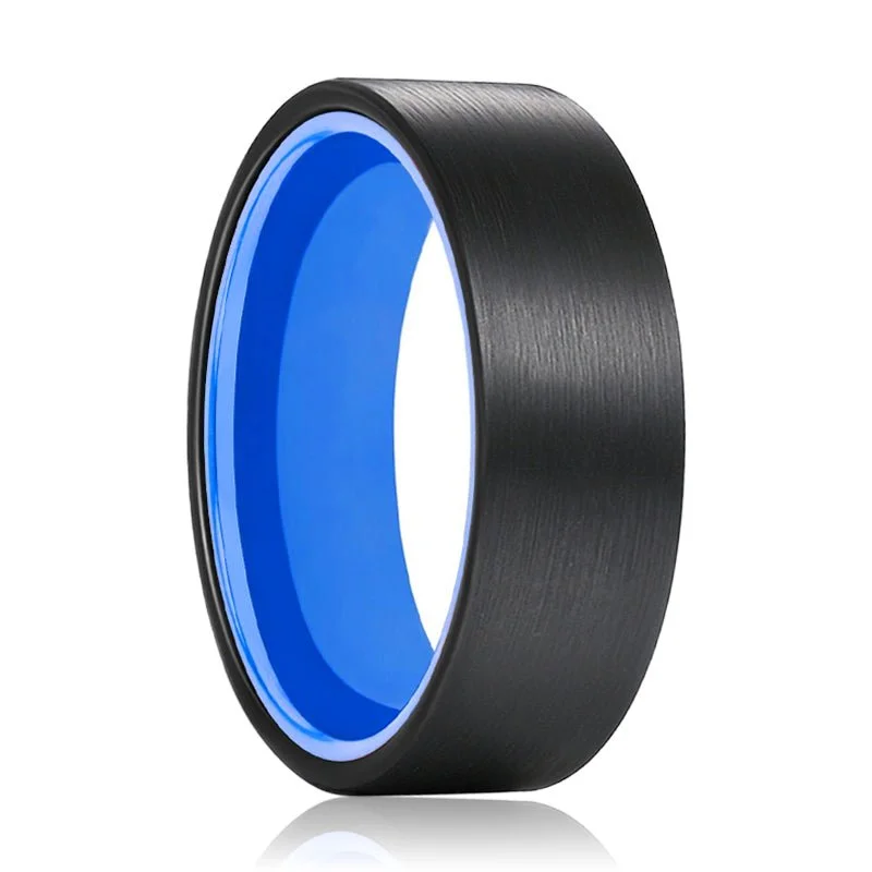 classic solitaire rings for women-GONZO | Blue Ring, Black Flat Brushed Tungsten Ring