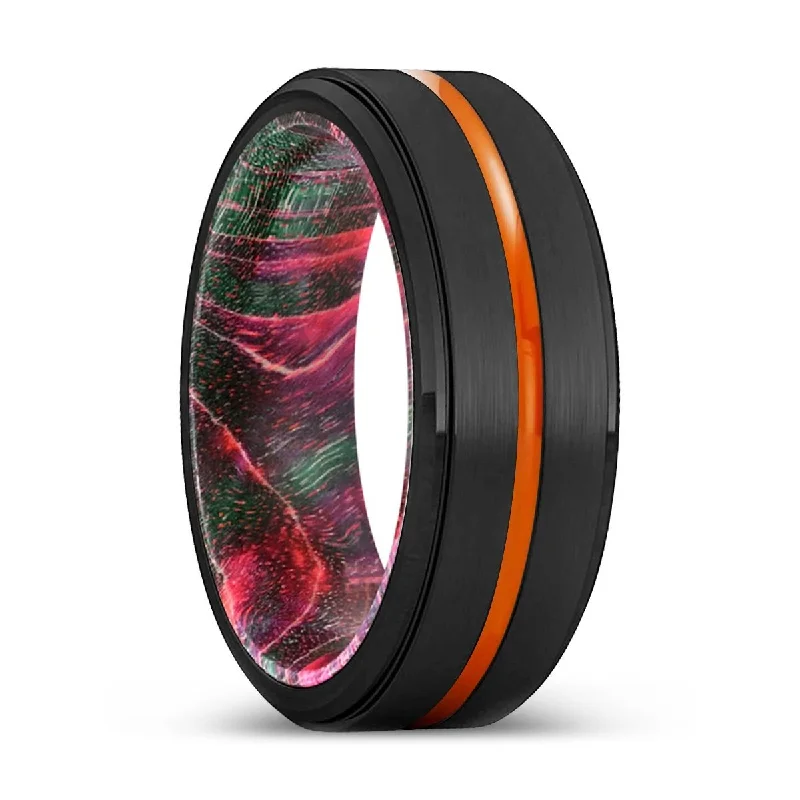 emerald rings for women-TACOMA | Green & Red Wood, Black Tungsten Ring, Orange Groove, Stepped Edge