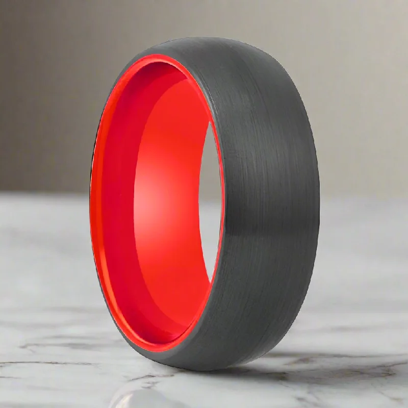 gemstone rings for women-FERRARI | Red Ring, Black Tungsten Ring, Brushed, Domed