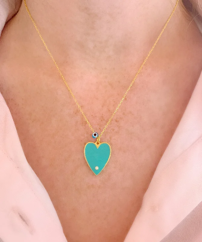 modern necklaces for women-Turquoise Big Enamel Heart Necklace