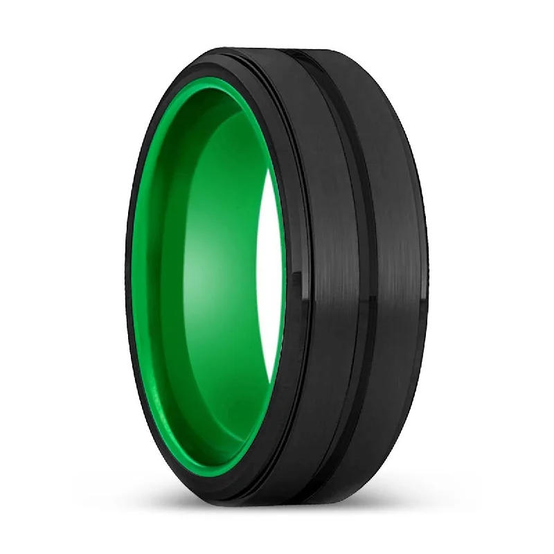 infinity rings for women-BLITZ | Green Ring, Black Tungsten Ring, Grooved, Stepped Edge