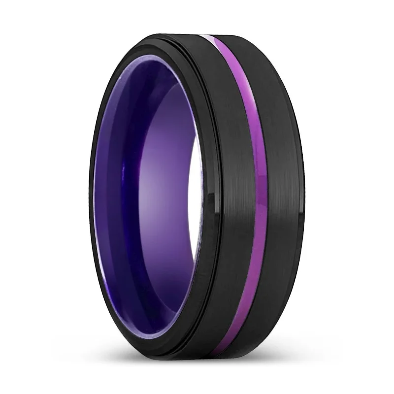 handmade rings for women-DARWIN | Purple Ring, Black Tungsten Ring, Purple Groove, Stepped Edge