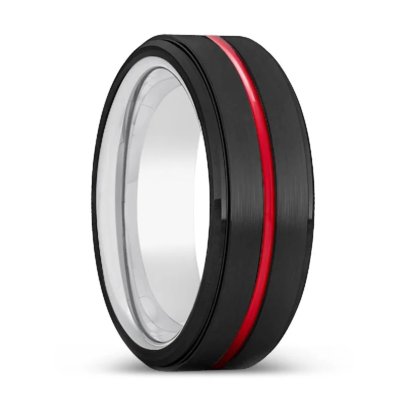 luxury rings for women-SHORTY | Silver Ring, Black Tungsten Ring, Red Groove, Stepped Edge